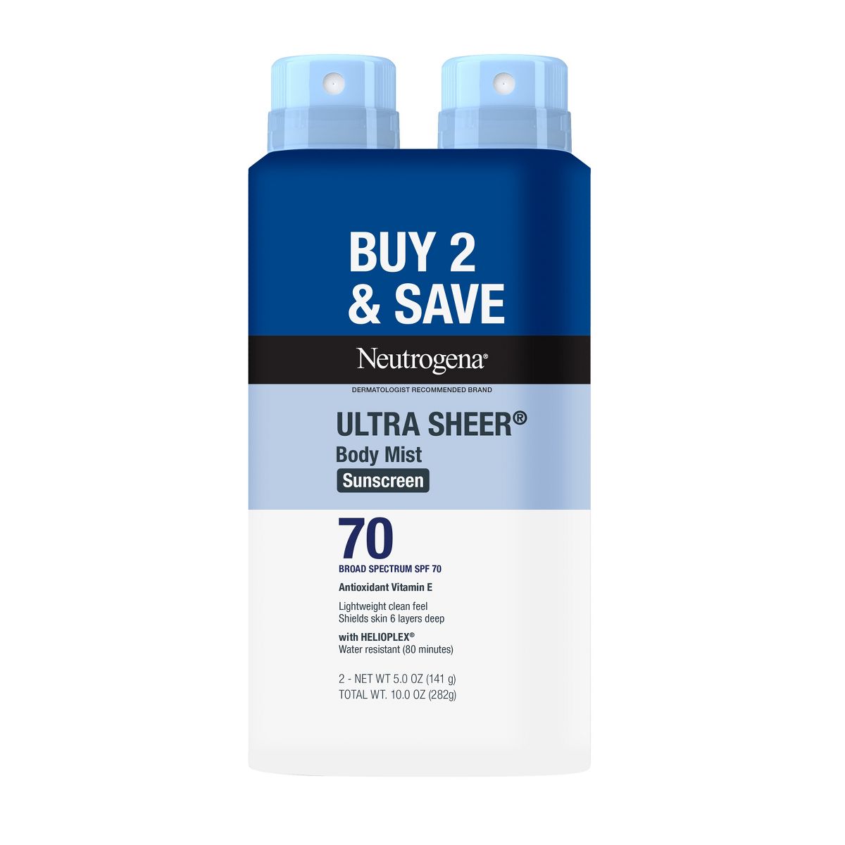 Neutrogena Ultra Sheer Body Mist Sunscreen Spray - Lightweight - Water Resistant - SPF 70 - Twin Pack - 5oz